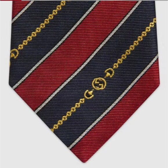 Gucci Navy/red Silk Interlocking G Chain Striped Tie - Picture 5 of 11